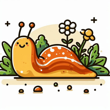 Illustration of a Cute Snail in the Garden with Flowersのイラスト素材