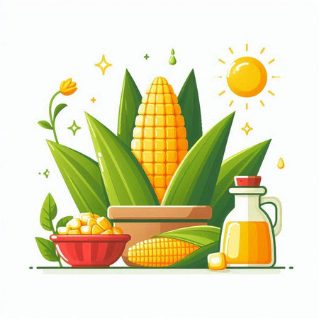 Illustration of fresh corn on the cob, bottle of corn oil, leaves and sun.のイラスト素材