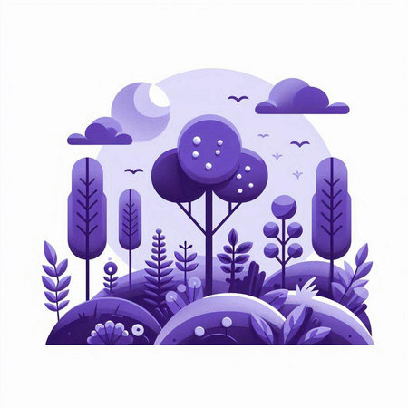 Vector illustration of fantasy landscape with trees, bushes and moon in the skyのイラスト素材
