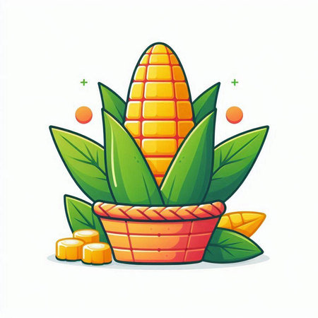 Corn in a basket with leaves. Vector illustration on white background.のイラスト素材