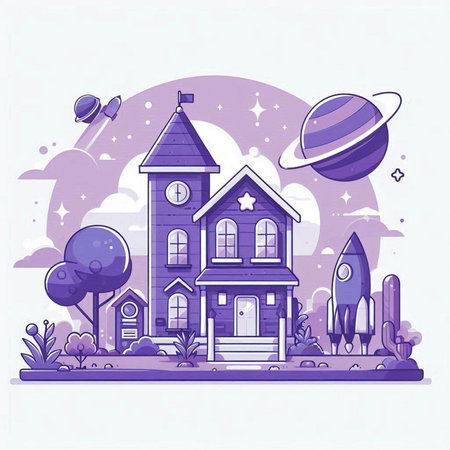 Vector illustration of a cartoon house on a background of outer space.のイラスト素材