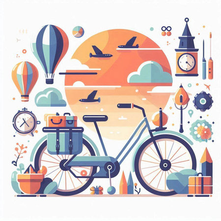 Bicycle, travel and vacation concept. Vector illustration in flat styleのイラスト素材
