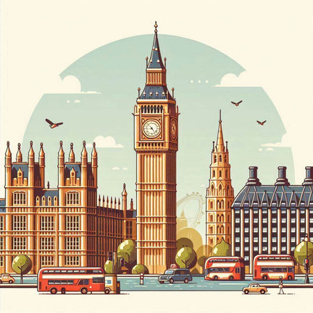 London, UK. Big Ben, Houses of Parliament, Westminster Bridge and Westminster Bridge. Vector illustration.のイラスト素材