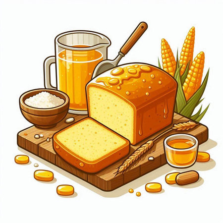Illustration of fresh bread with grains, milk and honey on a white backgroundのイラスト素材