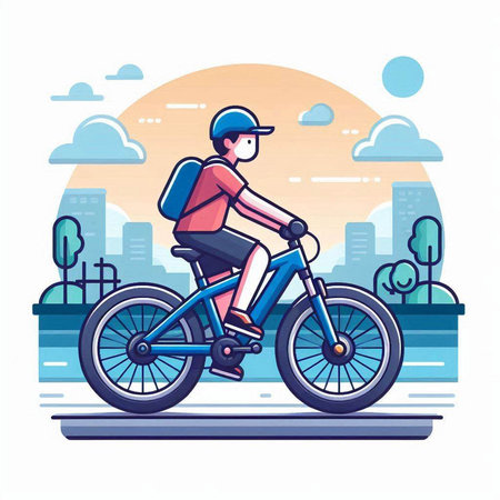 Cyclist in protective mask riding bicycle. Vector illustration in flat styleのイラスト素材