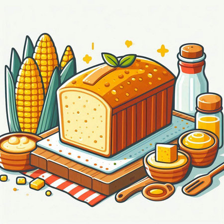 Illustration of bread with butter, honey and corn on the cobのイラスト素材