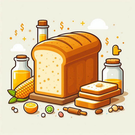 Illustration of a bread and ingredients for baking. Vector illustration.のイラスト素材
