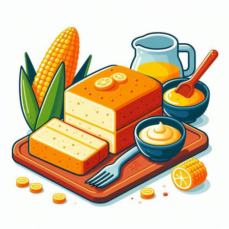 Illustration of a set of ingredients for making sweet corn cakes.のイラスト素材
