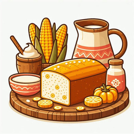 Illustration of fresh bread, milk and corn on the table.のイラスト素材
