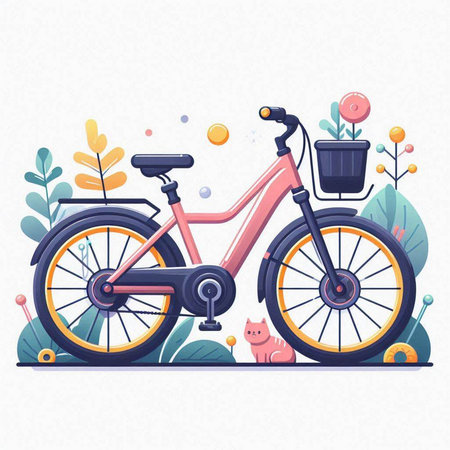 Bicycle in the garden. Vector illustration in flat cartoon style.のイラスト素材