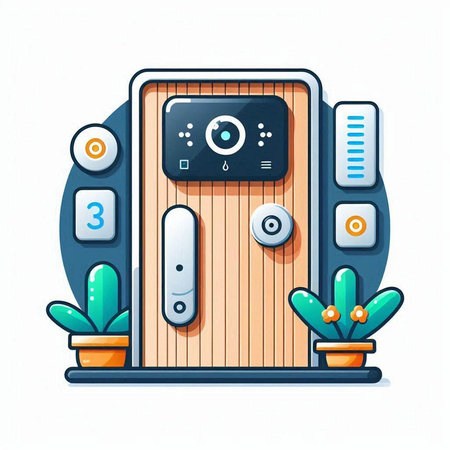Vector illustration of a wooden door with a control panel and a flower in a potのイラスト素材