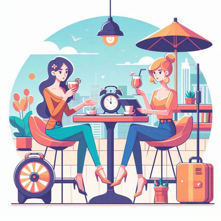 Two girls sitting in a cafe. Vector illustration in flat style.のイラスト素材