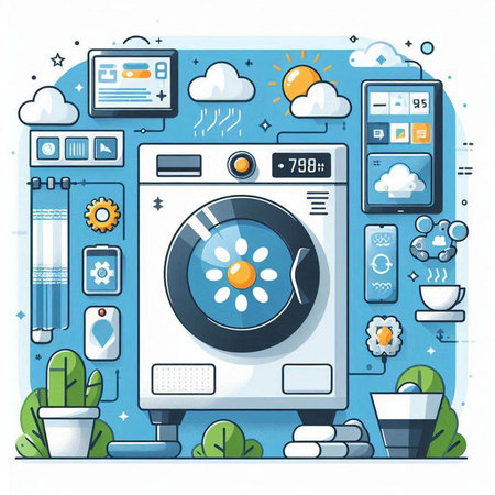 Laundry service flat design concept. Washing machine, washing powder, water, air conditioner. Vector illustrationのイラスト素材