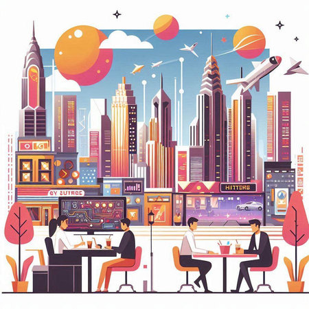 Vector illustration of people sitting at the cafe table in the city.のイラスト素材