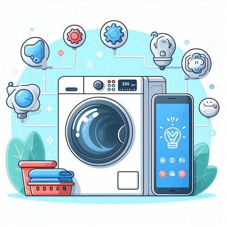 Laundry service. Vector illustration of washing machine, washing basket, light bulb, laundry basket and other items.のイラスト素材