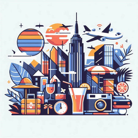 Vector illustration of travel and vacation in flat linear style with icons.のイラスト素材