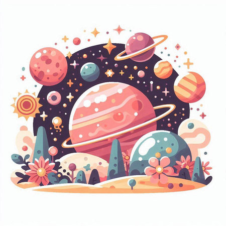 Cartoon planet with flowers and stars. Vector illustration in flat styleのイラスト素材