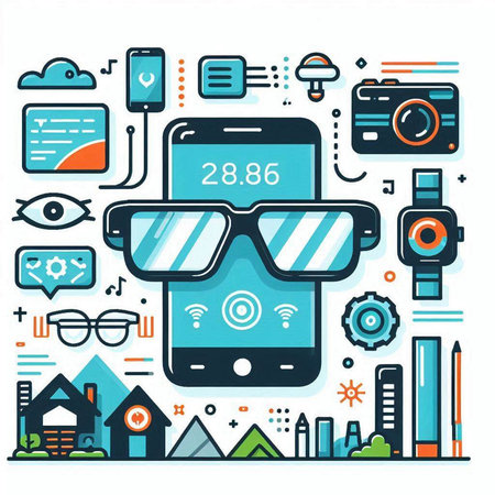 Smartphone with augmented reality glasses and icons. Vector illustration in thin line style.のイラスト素材