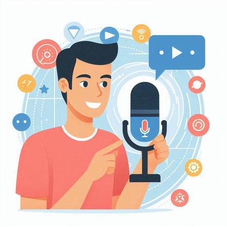 Man with microphone and media icons. Vector illustration in flat style.のイラスト素材