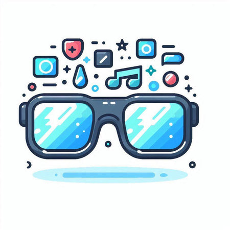 Sunglasses with different media icons. Vector line art illustration.のイラスト素材