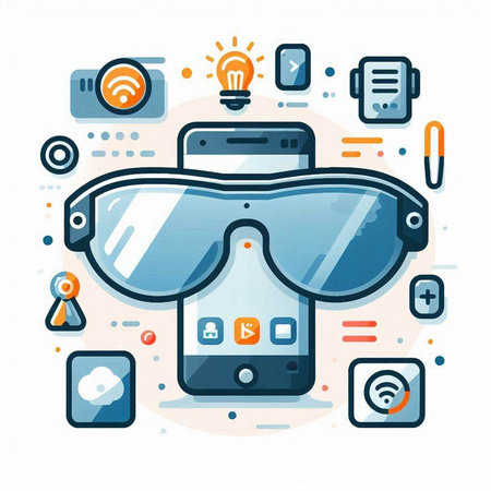Smartphone with glasses and icons. Vector illustration in flat style.のイラスト素材
