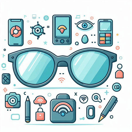 Trendy flat line style vector illustration. Sunglasses, mobile phone, camera, pen, headphones, flash drive, eye glasses, social media icons.のイラスト素材
