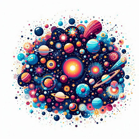 Colorful space background with planets, stars and galaxies. Vector illustration.のイラスト素材