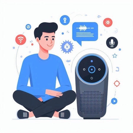Man sitting on floor with speaker and icons. Vector illustration in flat styleのイラスト素材