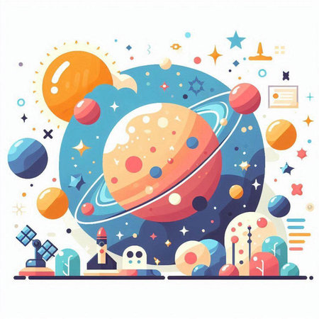 Astronaut in outer space flat vector illustration. Planets, stars, comets, planets, solar system and other cosmic objects.のイラスト素材
