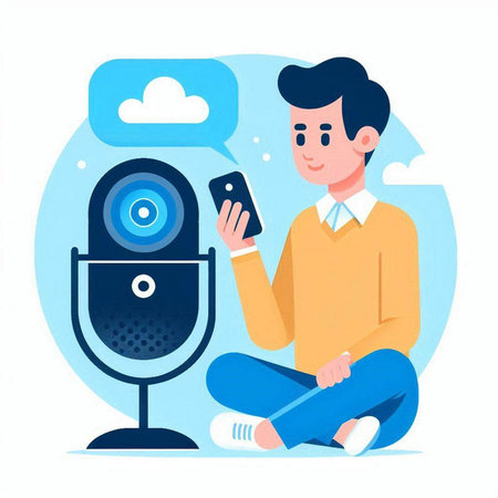 Man with smartphone and web camera. Vector illustration in flat style.のイラスト素材