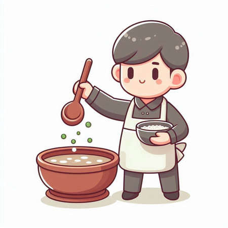 Illustration of a boy cooking soup with a spoon on a white backgroundのイラスト素材