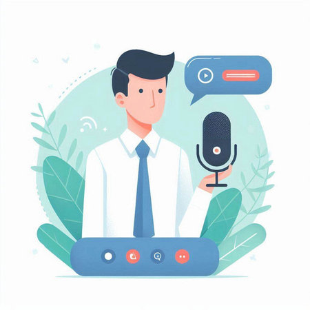 Businessman with microphone and speech bubble. Flat style vector illustration.のイラスト素材