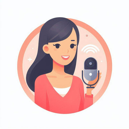 Illustration of a woman holding a microphone in a round frame.のイラスト素材
