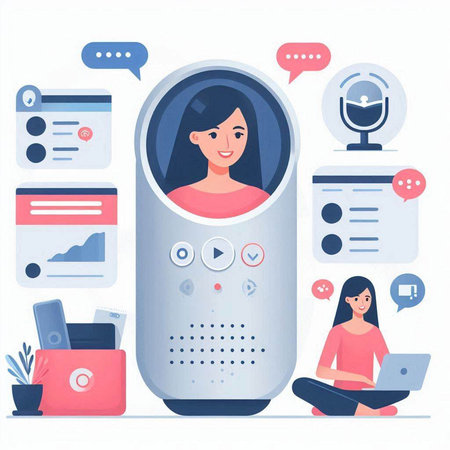 Woman with laptop and social media icons. Vector illustration in flat styleのイラスト素材