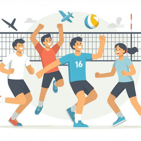 Vector illustration of a group of happy people playing volleyball on the beachのイラスト素材