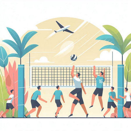Volleyball court flat vector illustration. Cartoon people characters playing volleyball on sunny summer day. Volleyball match, team sport conceptのイラスト素材