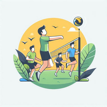 Volleyball players on the field. Vector illustration in flat styleのイラスト素材