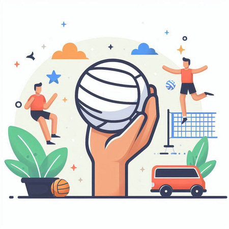 Volleyball ball in hand. Vector illustration in flat style.のイラスト素材