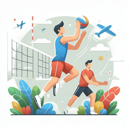 People playing volleyball. Vector illustration in flat design style on white background.のイラスト素材