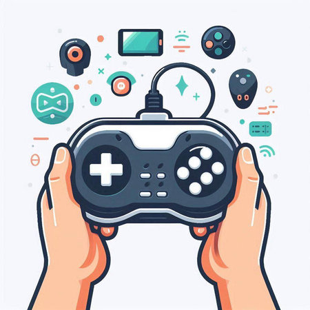 Gamepad in hands. Modern flat line design style vector illustration.のイラスト素材