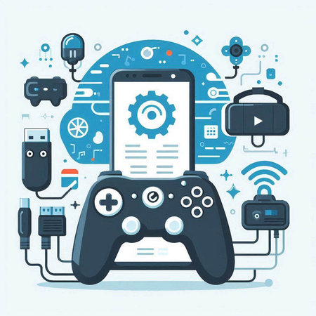 Vector illustration of gamepad and devices. Modern flat design concept.のイラスト素材