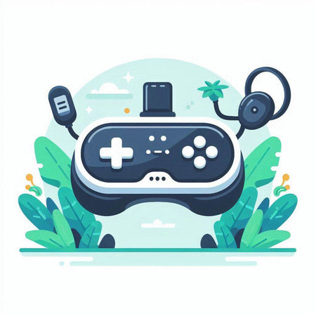 Gamepad with remote control on the background of the park. Vector illustrationのイラスト素材