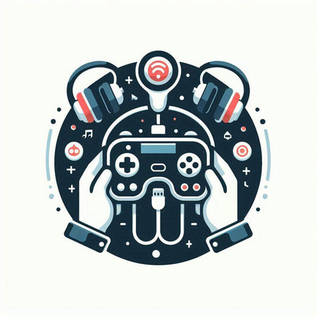 Vector illustration in flat linear style with headphones, joystick and remote control.のイラスト素材