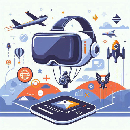 Vector illustration of augmented reality. VR glasses, mobile phone, airplane, rocket, satellite.のイラスト素材