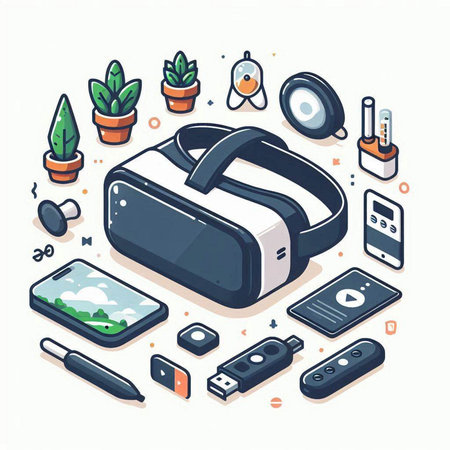Virtual reality technology isometric concept with 3d virtual reality glasses and icons vector illustrationのイラスト素材