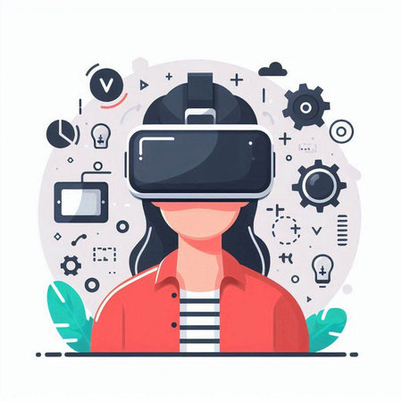 Woman with virtual reality headset. Vector illustration in flat design style.のイラスト素材