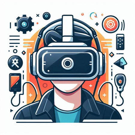 Man in virtual reality headset. Future technology concept. Vector illustration.のイラスト素材