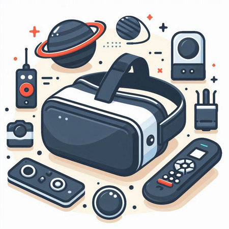 Virtual reality glasses and equipment. Vector illustration in a flat style.のイラスト素材