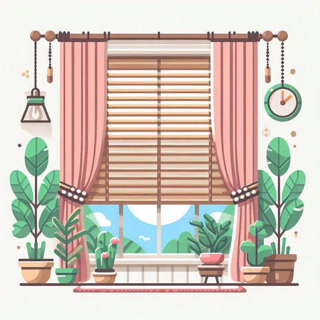 Window with curtains and plants. Vector illustration in flat cartoon style.のイラスト素材