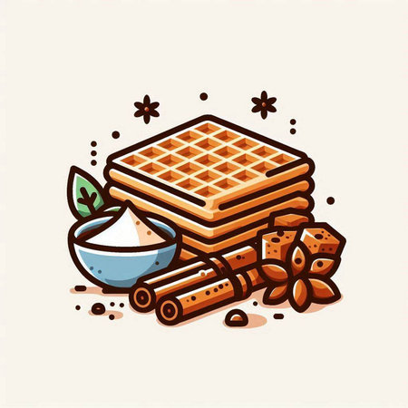 Vector illustration of a stack of homemade waffles with cinnamon, sugar and honey.のイラスト素材